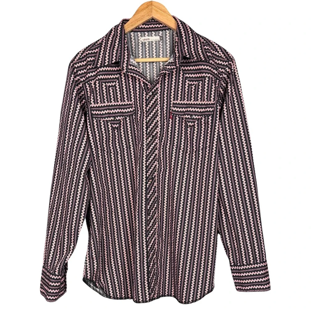 Levi's Western Shirt Geometric Zigzag Pearl Snap Mens Large Pink Black Rodeo Vtg